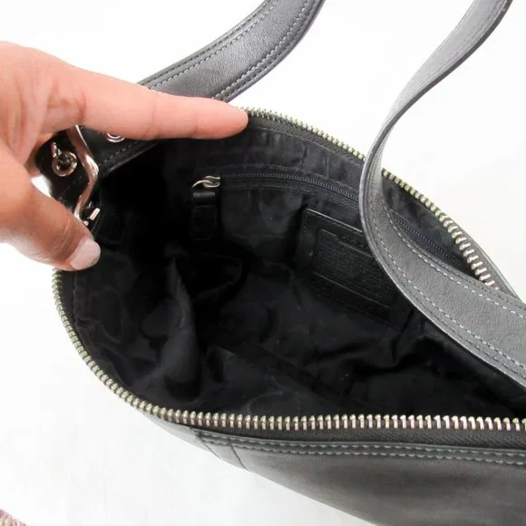 VINTAGE 90S COACH Leather Satchel Mini /Black W/ Green Stitching Chic & Sleek~ - Picture 10 of 11